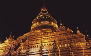 Shwezigon Pagoda by night in Bagan, Myanmar, where the upper floor is closed